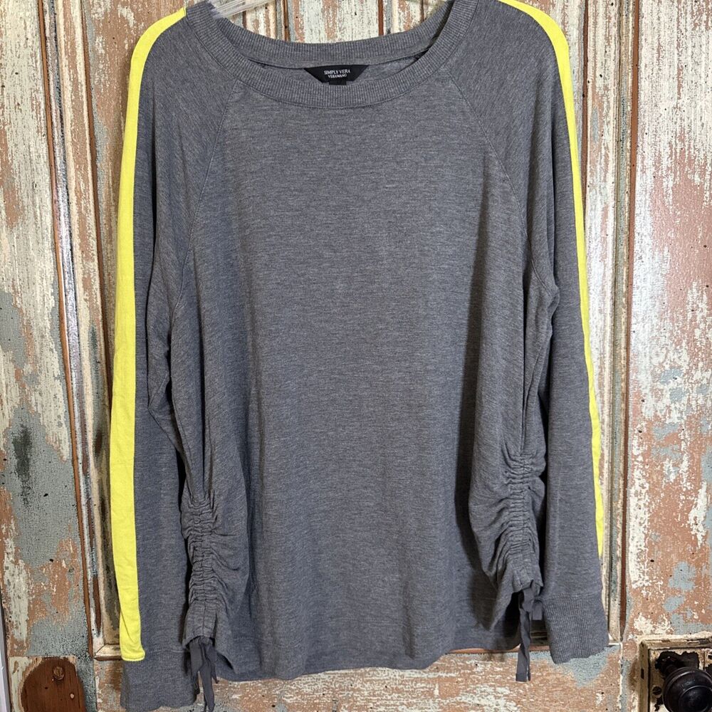 Simply Vera Gray Sweater Yellow Stripe Down LongSleeves Drawstring Side Seams XL